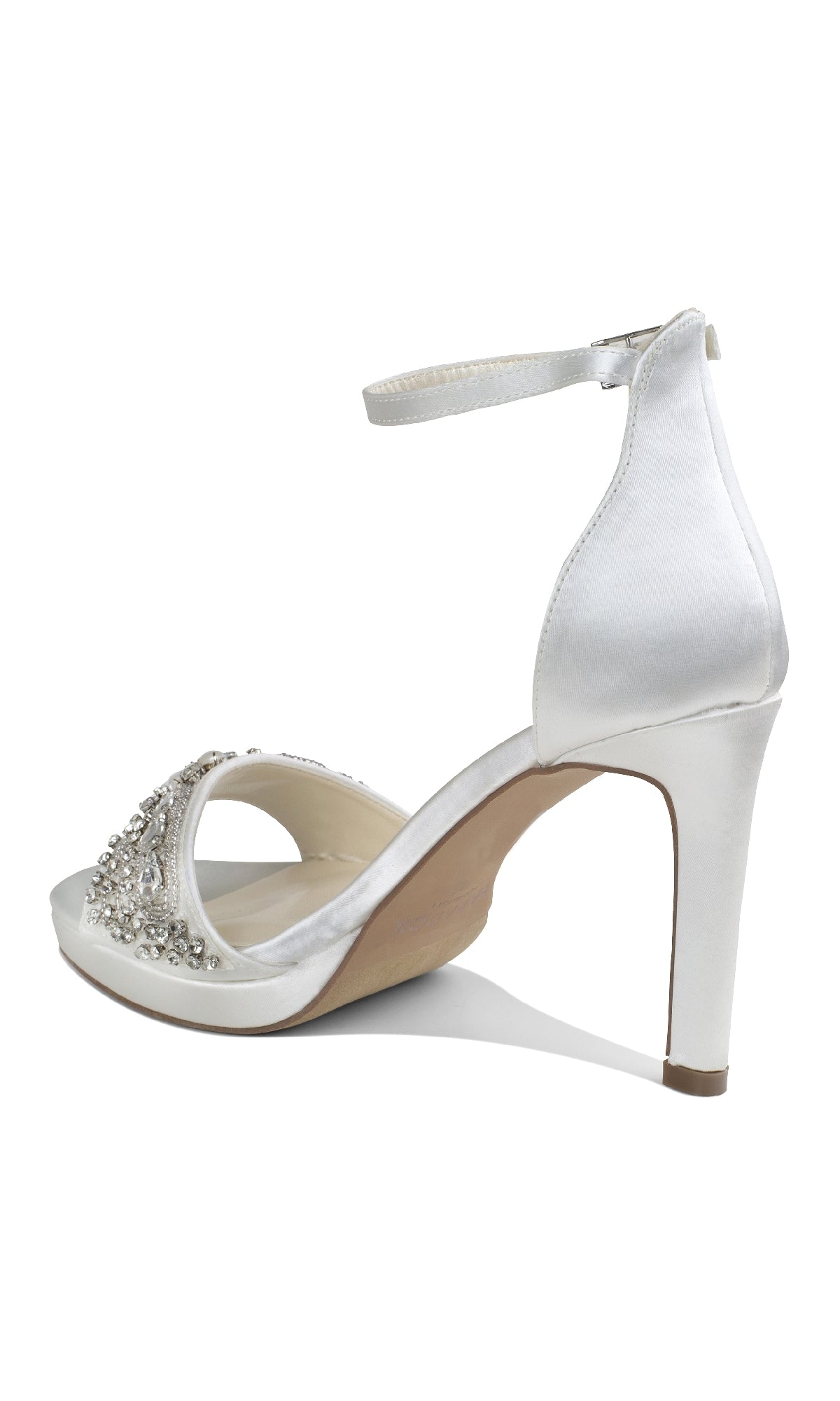 The Enya Ivory Satin Prom Shoes by Paradox London (P2203) feature a high heel, ankle strap, open toe, and dazzling jeweled stiletto heels with decorative rhinestones on the front strap.